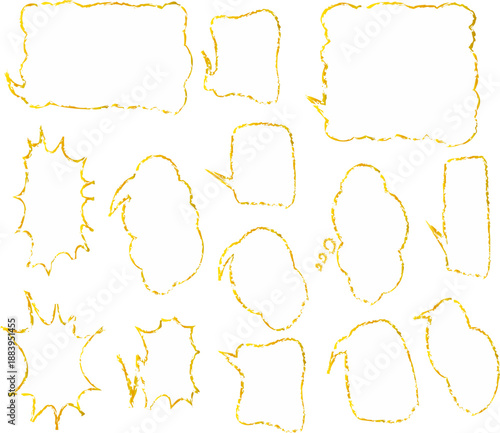 ラフな手描き線で描いたイエローカラーの吹き出しとフレームのバリエーションセット｜会話表現や強調コメントに使えるシンプルな線画デザイン素材イラスト