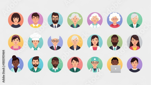 Diverse Group of People Avatars Representing Different Ages and Professions.