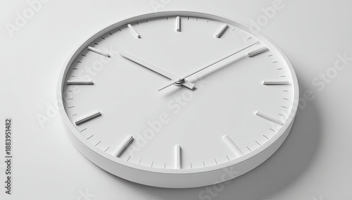A close-up view of a minimalist, modern, white clock with hands pointing at 1010