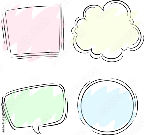 淡いパステルカラーと手描き風ラフ線で構成した吹き出しとフレームのセット素材｜会話表現・コメント・説明文にやさしく使えるシンプルなデザインイラスト