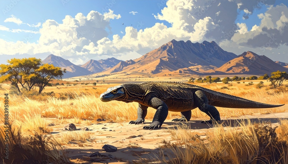 Fototapeta premium Wild Bison Walking in Golden Grasslands with Majestic Mountain Range at Sunset