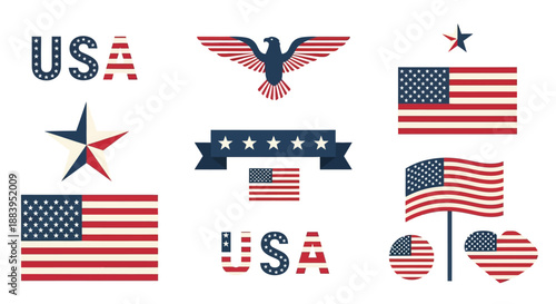 A collection of patriotic USA elements, including flags, icons, and symbols, arranged on a white background with a mix of illustrations and vector graphics.