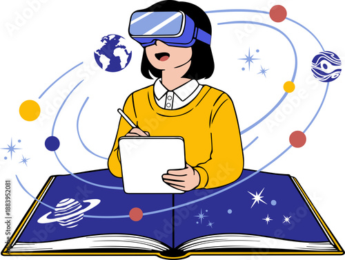 VR Space Learning Illustration of Child Studying Astronomy with Book, Future Education, AI Learning, Science Technology Concept, Kids Virtual Reality Education Vector SVG
