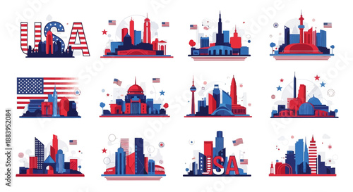 Collection of patriotic American city skylines with iconic buildings and USA flag elements in red, white, and blue colors on a white background.