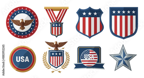 Collection of patriotic USA elements and symbols, including icons and illustrations of flags, eagles, and stars, against a clean white background.