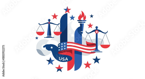 Patriotic USA elements icon with scales, torch, eagle, and American flag on a white background, symbolizing justice and freedom.