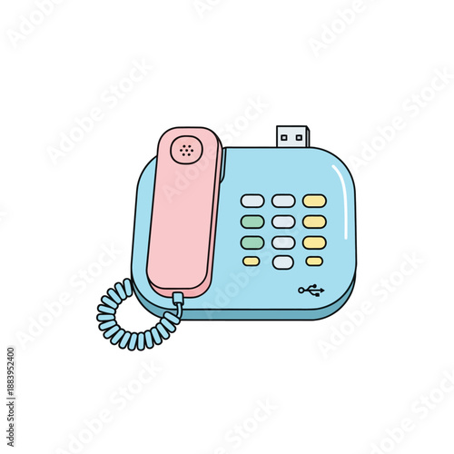 Illustration of a vintage-style landline telephone with a pink receiver and blue base on a white