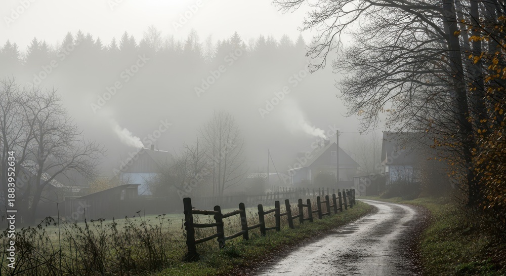 Obraz premium Countryside homes emerge from thick morning mist along a winding dirt road bordered by a wooden fence.