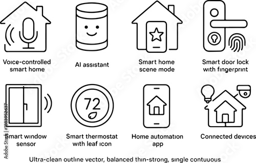 Smart home technology and automation icons for voice control systems