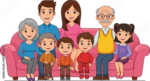 Happy Big Family Sitting Together On Sofa Illustration Showing Love Bonding And Generations