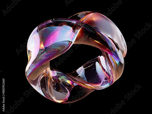 Glossy, iridescent, abstract, looped form with complex light refractions against a black background