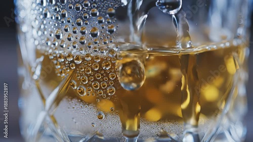 Close up of whiskey being poured into a glass with ice.