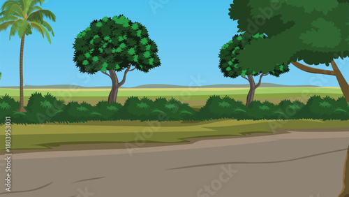 Vibrant cartoon landscape with lush trees and clear blue sky, perfect for children's books and educational resources, bringing a touch of nature indoors