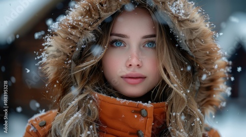 Portrait of a beautiful young woman with blue eyes wearing a fur trimmed hood in a winter snowfall