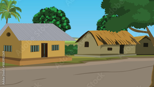 Discover the charm of rural life in this village scene, showcasing traditional homes and lush greenery under a bright sky, evoking peace and simplicity