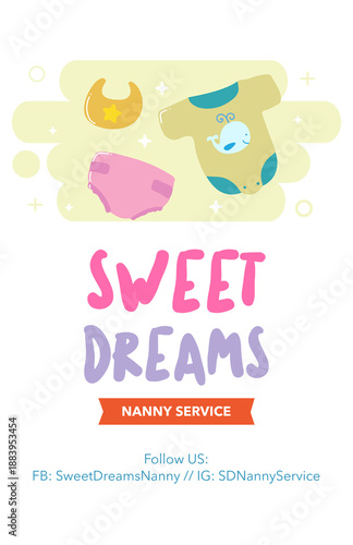 Babysitter Babysitting Flyer | Baby Care Items Bib Onesie Sweet Dreams Design | Colorful Nanny Service Illustration for Parenting Support