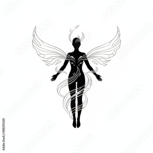 Ethereal Goddess Silhouette with Silver Wings and Energy