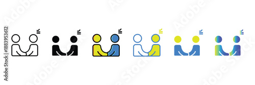 Icon set representing teamwork, collaboration, and business interaction with handshake, discussion, and networking symbols for UI/UX design and communication