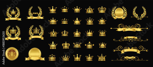 Gold crown icons. Queen king golden crowns luxury royal on blackboard.  