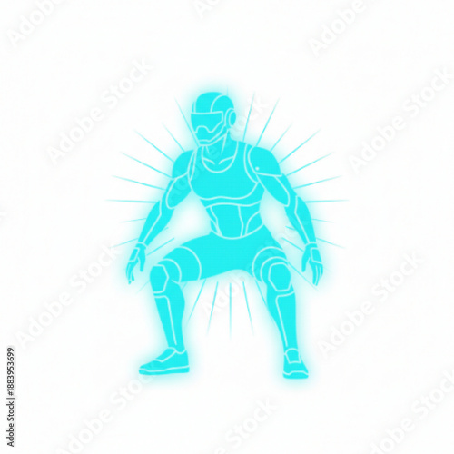Cyan Glowing Futuristic Athlete in Power Squat