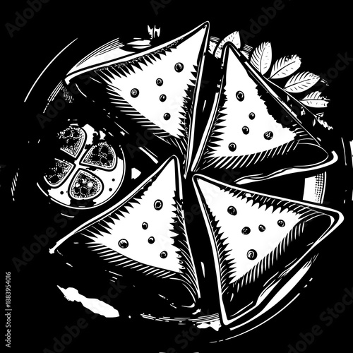 Samosas Arrangement: A stylized illustration showcases a captivating arrangement of samosas, with their unique triangular shapes and crispy textures, alongside refreshing accompaniments.