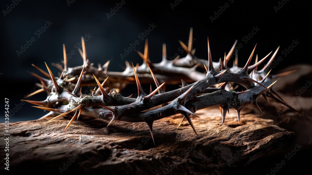 Fototapeta premium Crown of Thorns on Wood in Dark Lighting