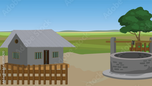 Charming vintage house with water well evokes simple country living, perfect for illustrating rural life, nostalgia, and peaceful summer days