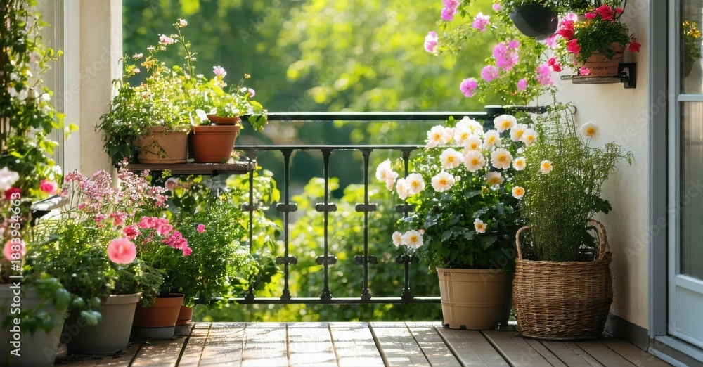 Fototapeta premium Sunny balcony filled with vibrant flowers, lush greenery. Wrought iron railing overlooks distant trees, creating peaceful scene.
