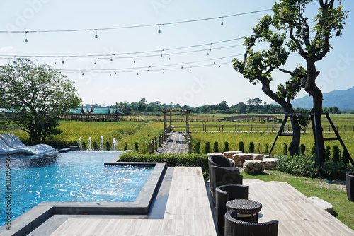 Exterior architecture and building design at local hotel among natural mountain range decorated with swimming pool terrace patio