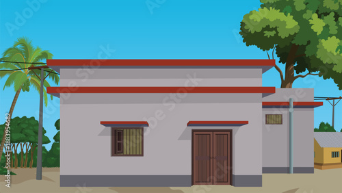 Quaint village home under clear blue skies, a peaceful tropical scene for travel, architecture, or cultural projects with a calming and serene atmosphere