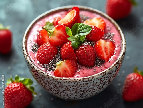 Strawberry yogurt with chia seeds and honey, served in an appetizing ceramic bowl.
