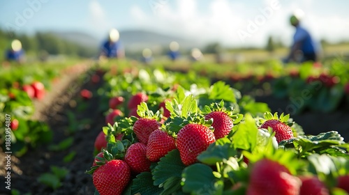 A strawberry farm in the morning, bathed in sunlight, with people busy harvesting.
