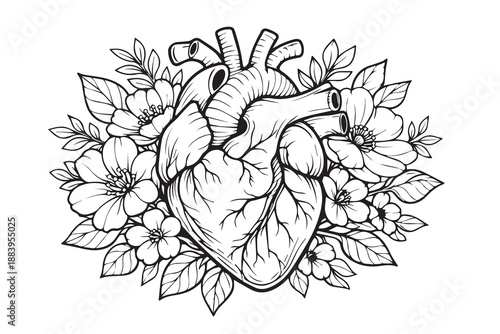 A detailed human heart vector with a floral and leafy frame highlights self care and health awareness, expressing compassion, vitality, and the importance of nurturing both body and soul.