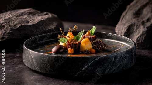 Elegant Dessert Presentation on a Textured Plate with Stone Accents Dark Food Style