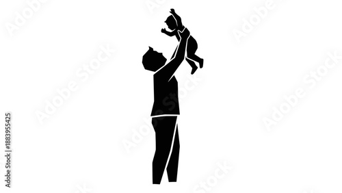 Silhouette of a man holding a baby aloft in the air.