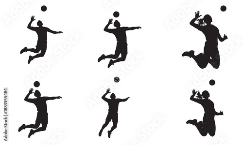 Silhouettes of male volleyball players in action, jumping and hitting the ball.