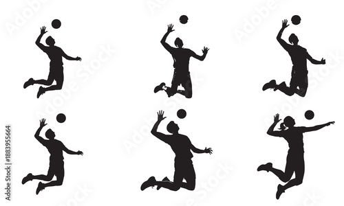 Silhouettes of volleyball players in action, jumping and hitting the ball.