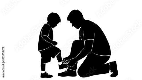 Father helping son tie shoelaces in a tender moment.