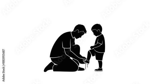 Father helping son with shoe, silhouette illustration, family bonding moment.