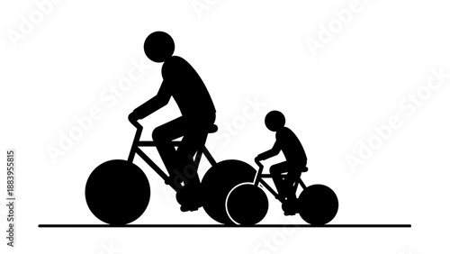 Silhouette of a man and child riding bicycles together.