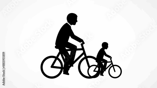Father and child riding bicycles together in silhouette.