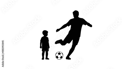 Silhouette of a man kicking a soccer ball while a child watches.