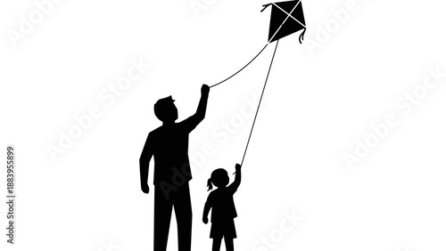 Father and child flying a kite together outdoors.