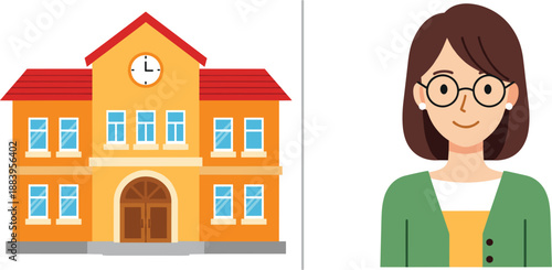 School Building And Female Teacher Portrait Illustration Representing Education Learning And Academic Environment