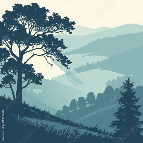 Foggy Hill Station Sunrise, Cool Blues and Soft Grays