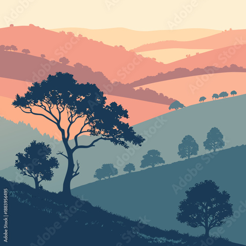 Golden Hour Hills with Long Shadows, Cinematic View