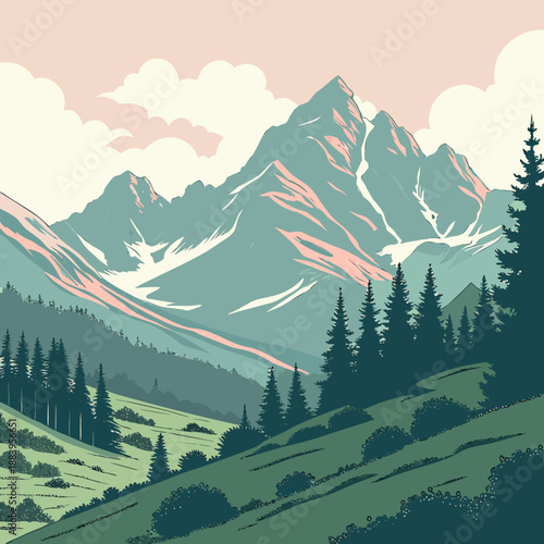 Low poly mountain landscape with pastel gradients, serene vector.