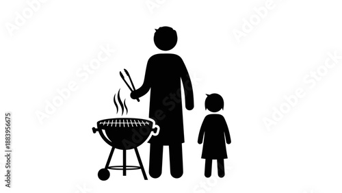 Father and child grilling together on a barbecue.