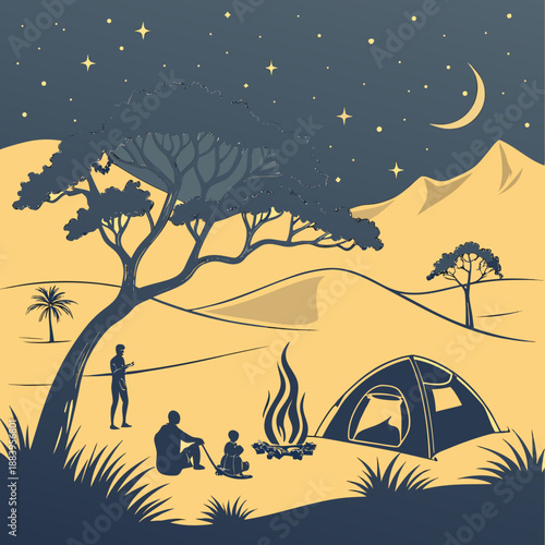 Nighttime desert campfire under stars, warm glow illustration.