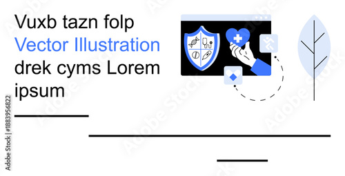 Healthcare, cybersecurity, digital safety, medical applications, data protection, modern services. Screen with shield, heart and tree elements. Healthcare and cybersecurity